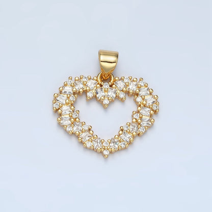 24K Gold Filled Clear, Black, Fuchsia CZ Baguette Open Heart Pendant | AA856 - AA857