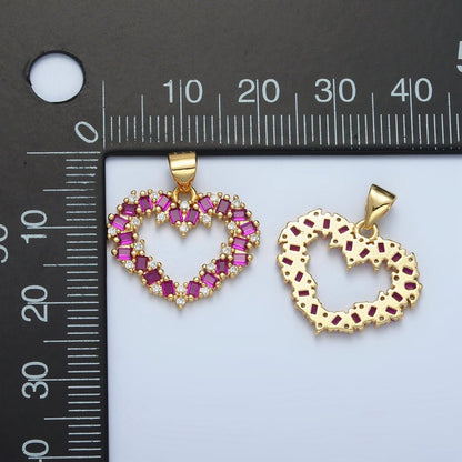24K Gold Filled Clear, Black, Fuchsia CZ Baguette Open Heart Pendant | AA856 - AA857