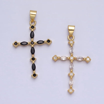 24K Gold Filled Clear, Black Marquise CZ Lined Religious Thin Cross | AA-231 AA-232