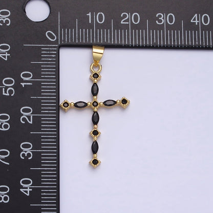 24K Gold Filled Clear, Black Marquise CZ Lined Religious Thin Cross | AA-231 AA-232