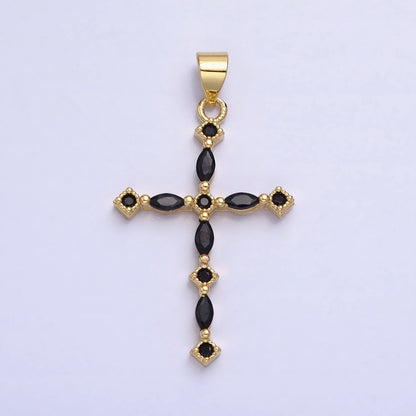 24K Gold Filled Clear, Black Marquise CZ Lined Religious Thin Cross | AA-231 AA-232