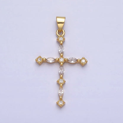 24K Gold Filled Clear, Black Marquise CZ Lined Religious Thin Cross | AA-231 AA-232