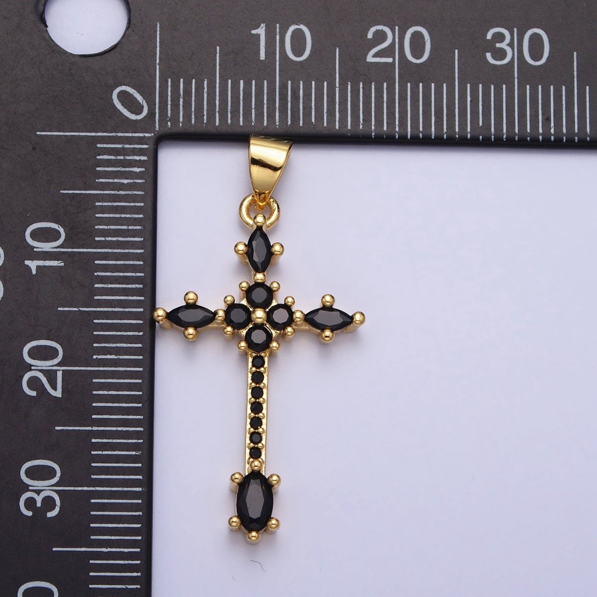 24K Gold Filled Clear, Black Marquise Micro Paved CZ Religious Cross Pendant | AA205 AA209