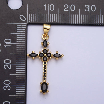 24K Gold Filled Clear, Black Marquise Micro Paved CZ Religious Cross Pendant | AA205 AA209