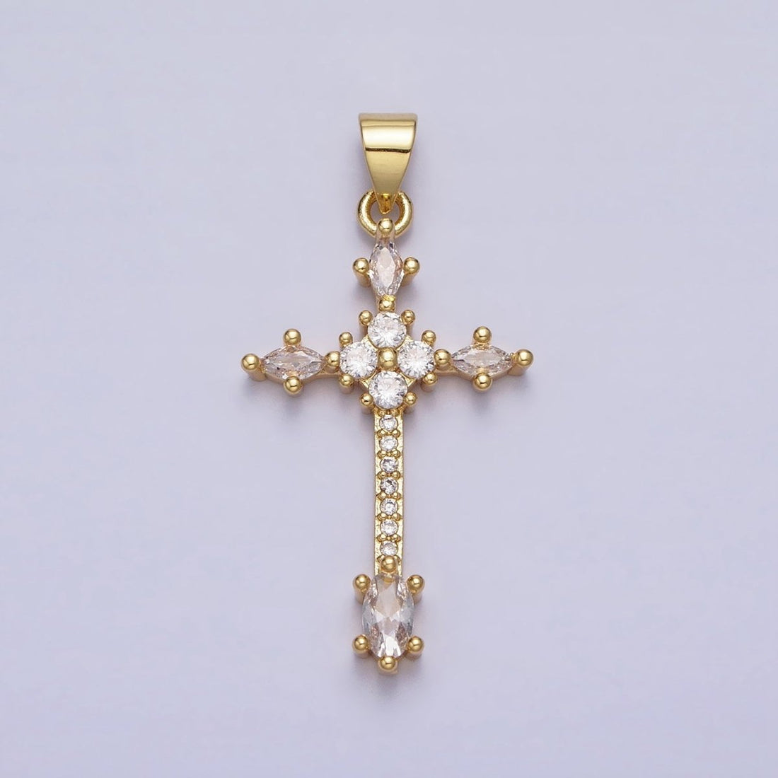 24K Gold Filled Clear, Black Marquise Micro Paved CZ Religious Cross Pendant | AA205 AA209