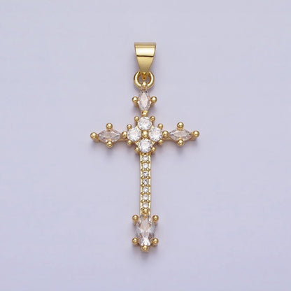 24K Gold Filled Clear, Black Marquise Micro Paved CZ Religious Cross Pendant | AA205 AA209