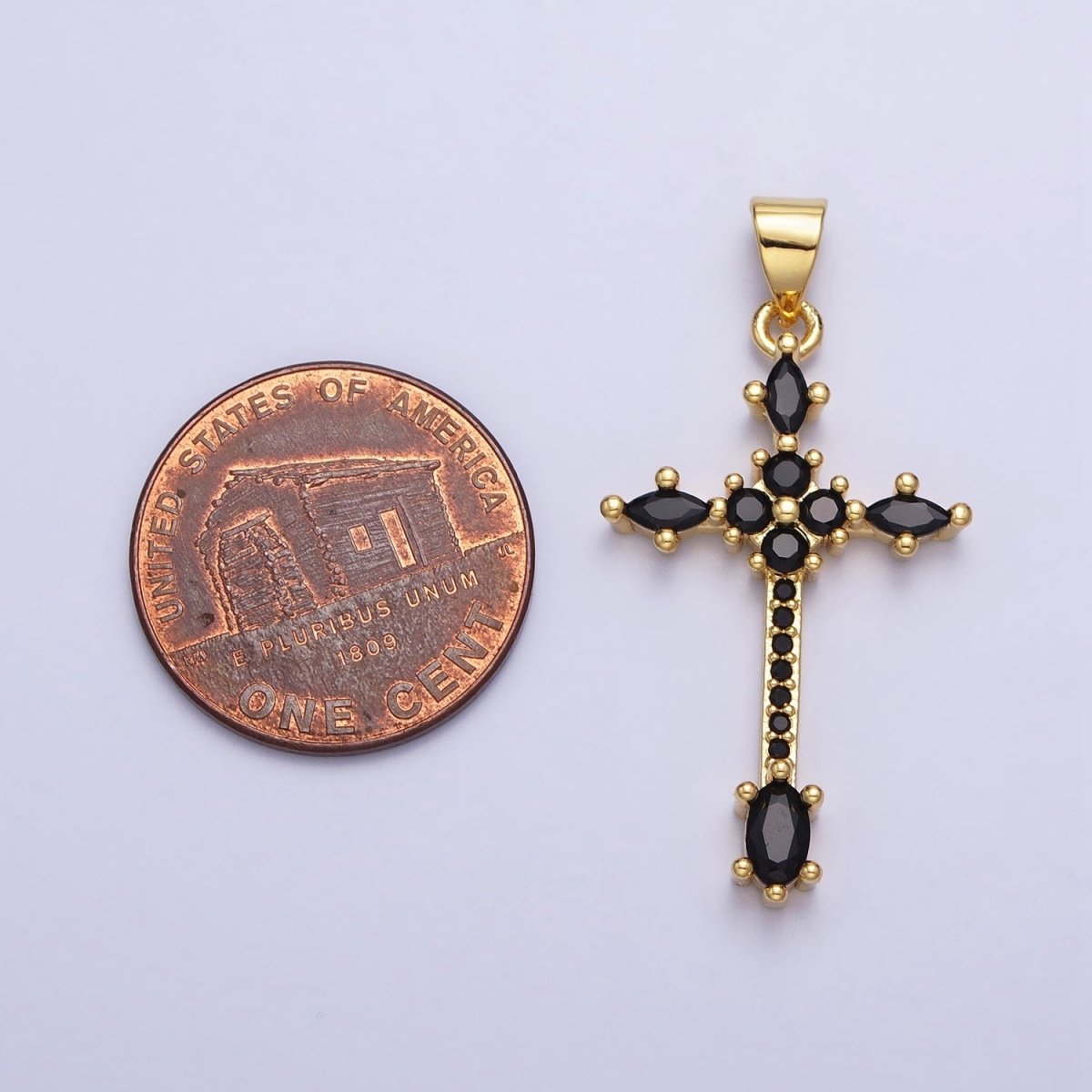 24K Gold Filled Clear, Black Marquise Micro Paved CZ Religious Cross Pendant | AA205 AA209