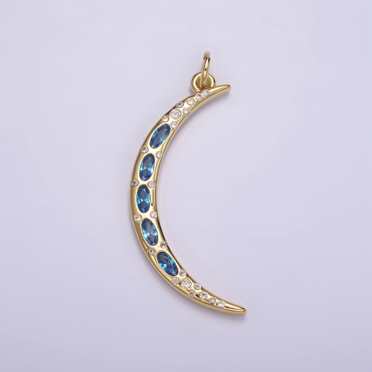 24K Gold Filled Clear, Blue CZ Dotted Crescent Moon Charm | M107