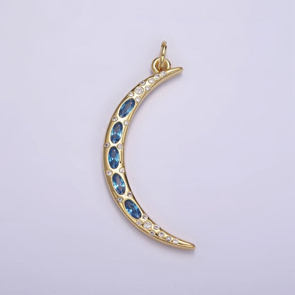 24K Gold Filled Clear, Blue CZ Dotted Crescent Moon Charm | M107