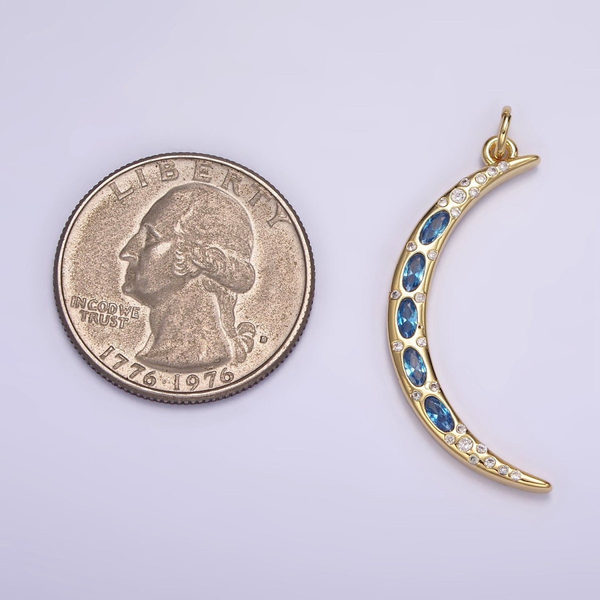 24K Gold Filled Clear, Blue CZ Dotted Crescent Moon Charm | M107