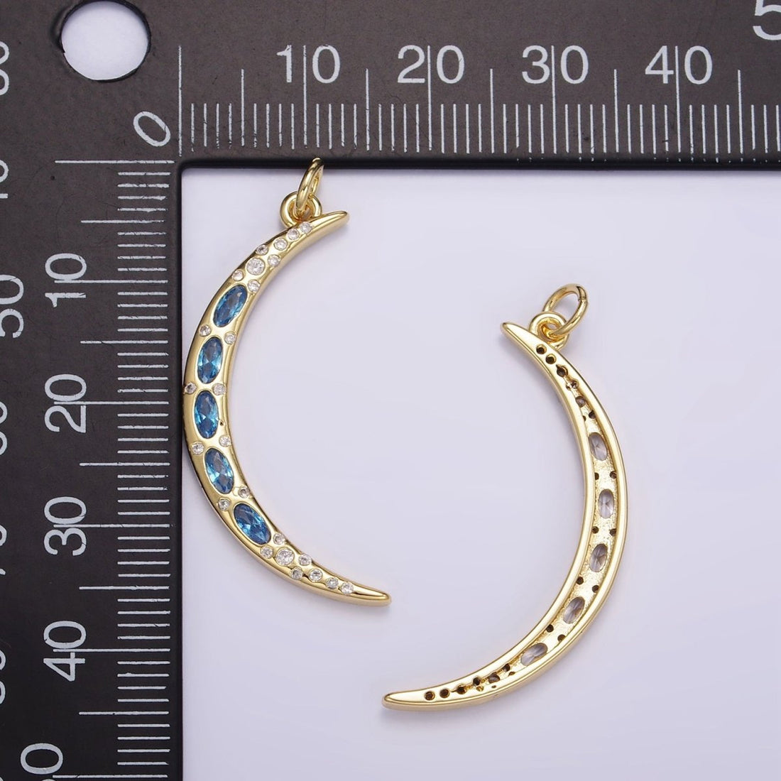 24K Gold Filled Clear, Blue CZ Dotted Crescent Moon Charm | M107