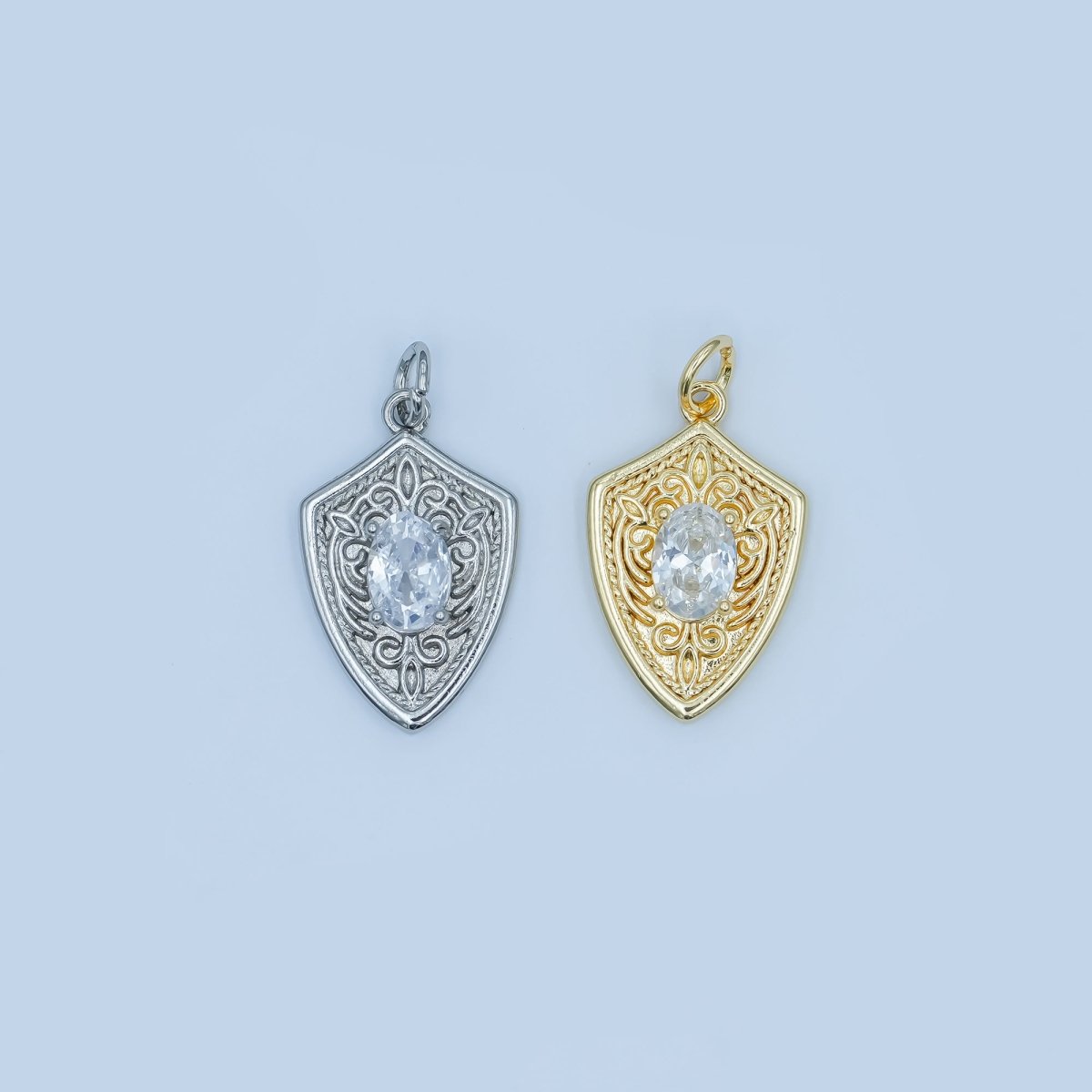 24K Gold Filled Clear CZ Artisan Shield Charm in Gold &amp; Silver | C917
