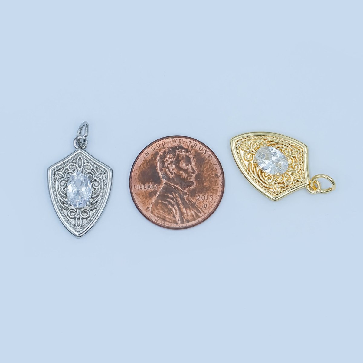 24K Gold Filled Clear CZ Artisan Shield Charm in Gold &amp; Silver | C917