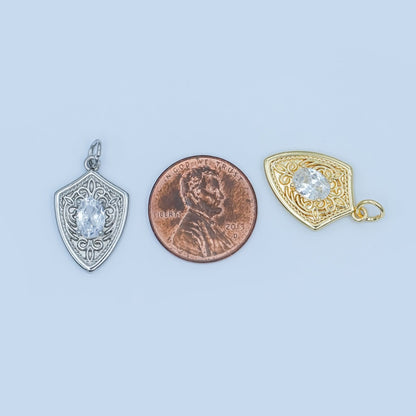 24K Gold Filled Clear CZ Artisan Shield Charm in Gold &amp; Silver | C917
