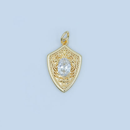 24K Gold Filled Clear CZ Artisan Shield Charm in Gold &amp; Silver | C917