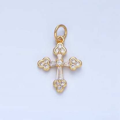 24K Gold Filled Clear CZ Baguette Buttony Cross Charm | X869