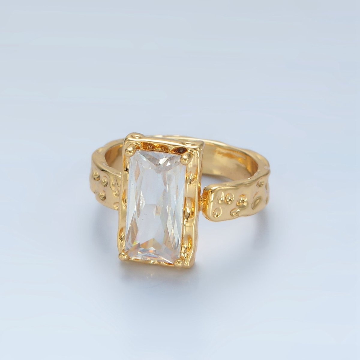 24K Gold Filled Clear CZ Baguette Hammered Wrap Band Ring | U320