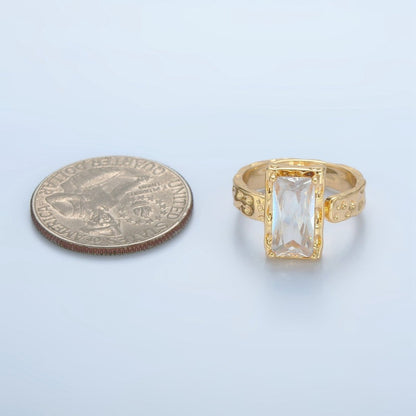 24K Gold Filled Clear CZ Baguette Hammered Wrap Band Ring | U320