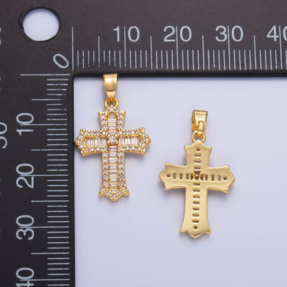 24K Gold Filled Clear CZ Baguette Micro Paved Passion Religious Cross Pendant | AA1329