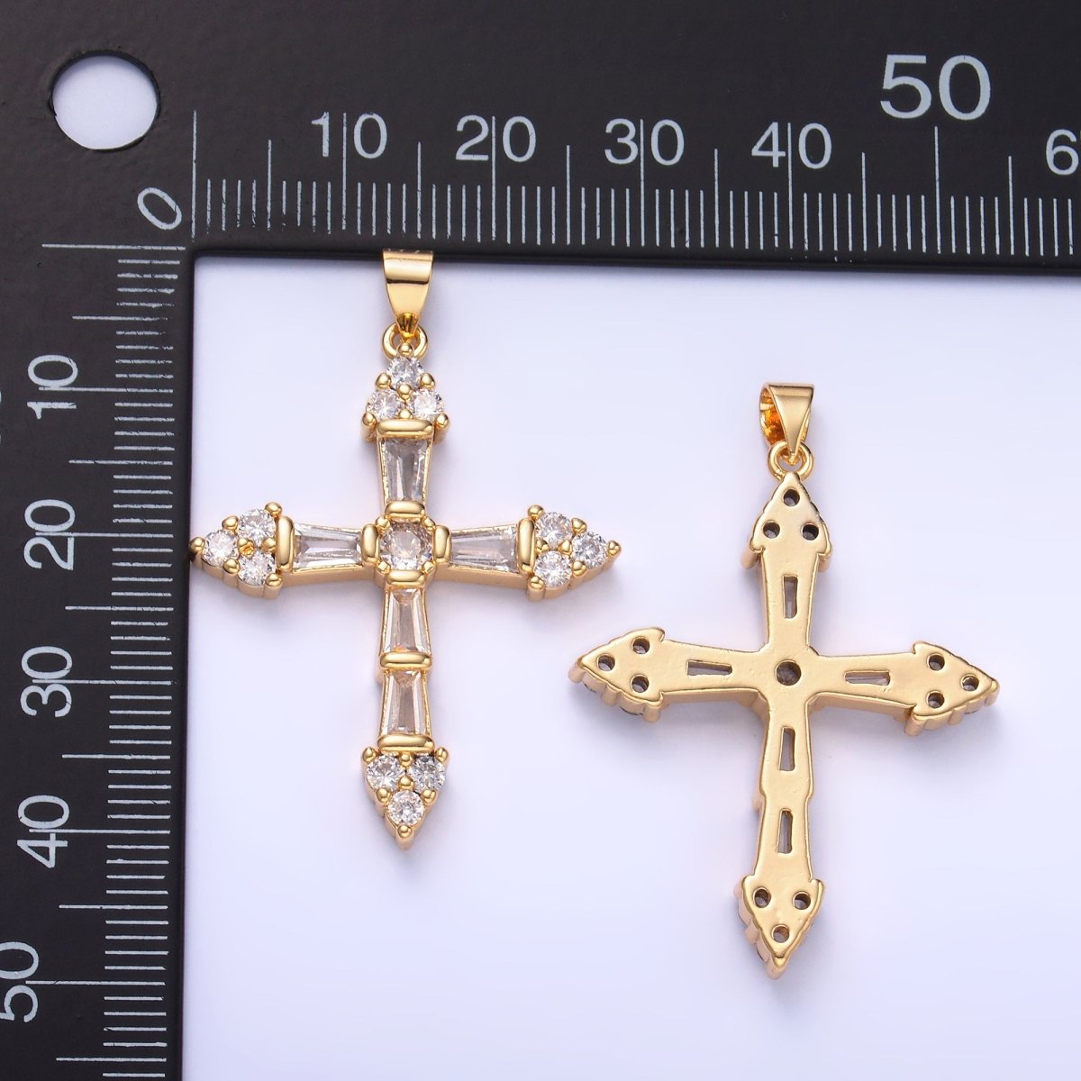 24K Gold Filled Clear CZ Baguette Micro Paved Religious Cross Pendant | AA1192