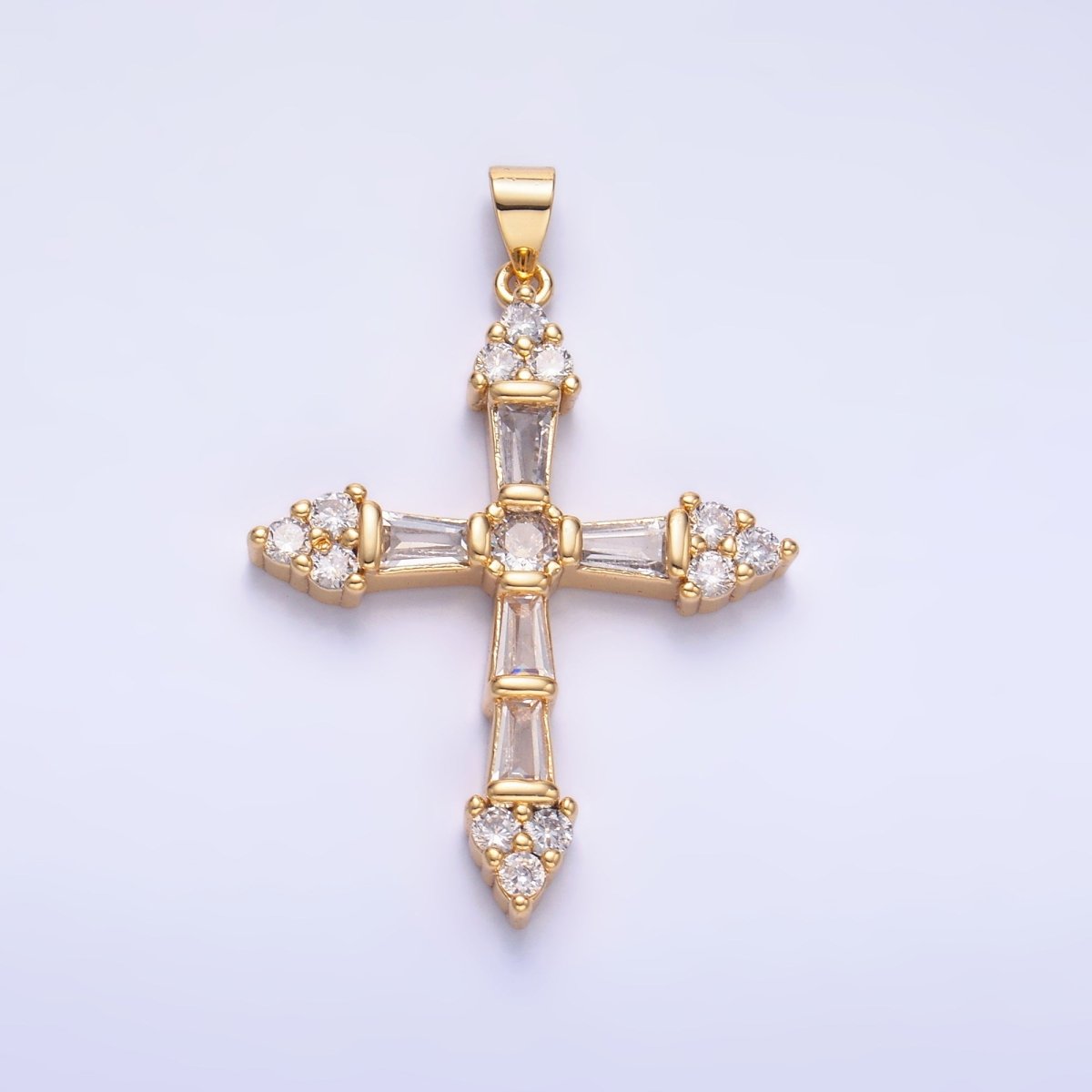 24K Gold Filled Clear CZ Baguette Micro Paved Religious Cross Pendant | AA1192