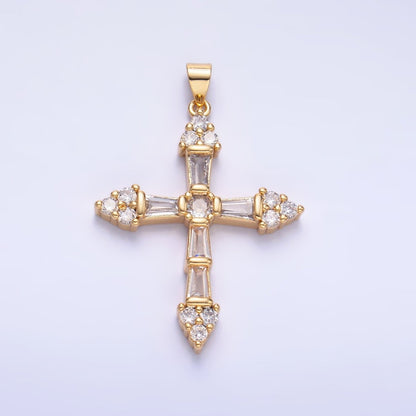 24K Gold Filled Clear CZ Baguette Micro Paved Religious Cross Pendant | AA1192