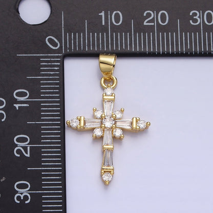 24K Gold Filled Clear CZ Baguette Religious Cross Pendant | AA230