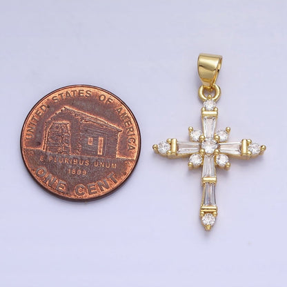 24K Gold Filled Clear CZ Baguette Religious Cross Pendant | AA230