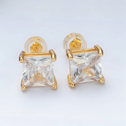 24K Gold Filled 8.3mm Clear CZ Square Baguette Stud Earrings | AB1222