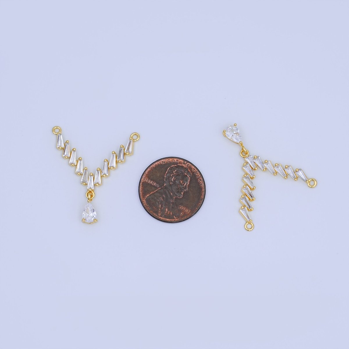 24K Gold Filled Clear CZ Baguette Teardrop V-Shaped Connector | Y024