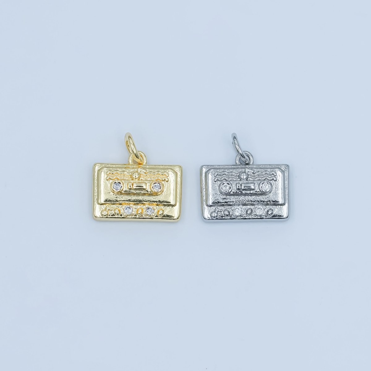 24K Gold Filled Clear CZ Cassette Tape Charm in Gold &amp; Silver | E489