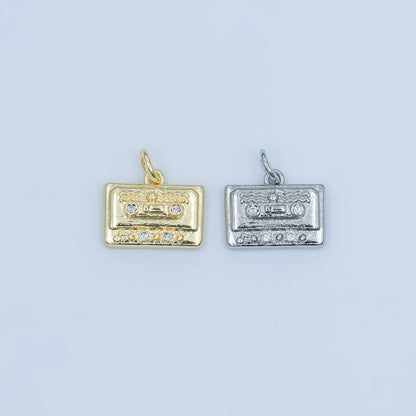 24K Gold Filled Clear CZ Cassette Tape Charm in Gold &amp; Silver | E489