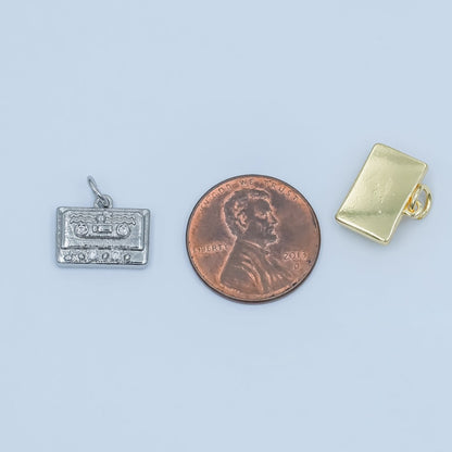 24K Gold Filled Clear CZ Cassette Tape Charm in Gold &amp; Silver | E489