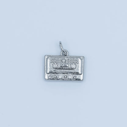 24K Gold Filled Clear CZ Cassette Tape Charm in Gold &amp; Silver | E489
