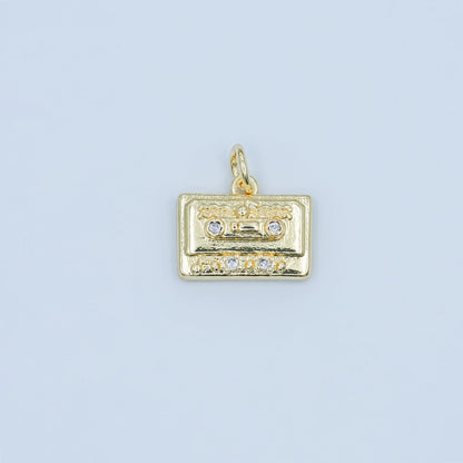 24K Gold Filled Clear CZ Cassette Tape Charm in Gold &amp; Silver | E489