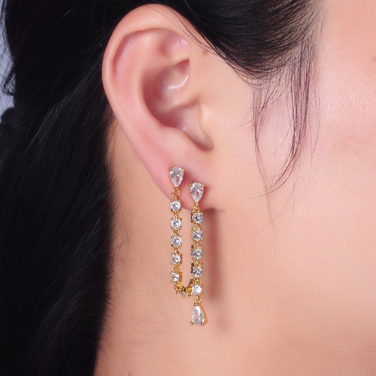 24K Gold Filled Clear CZ Chain Teardrop Drop Double Stud Earrings in Gold &amp; Silver | V336 V337