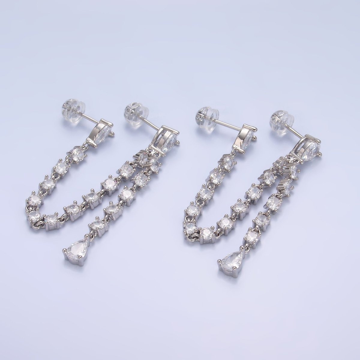 24K Gold Filled Clear CZ Chain Teardrop Drop Double Stud Earrings in Gold &amp; Silver | V336 V337