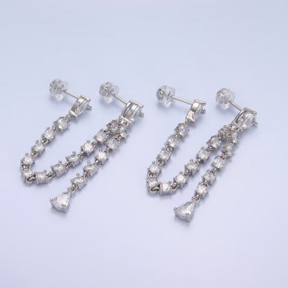 24K Gold Filled Clear CZ Chain Teardrop Drop Double Stud Earrings in Gold &amp; Silver | V336 V337