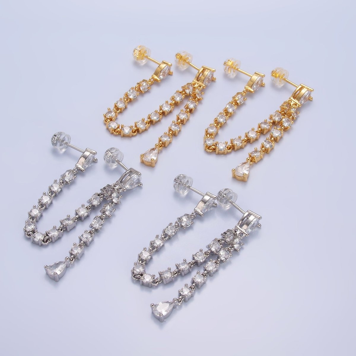 24K Gold Filled Clear CZ Chain Teardrop Drop Double Stud Earrings in Gold &amp; Silver | V336 V337
