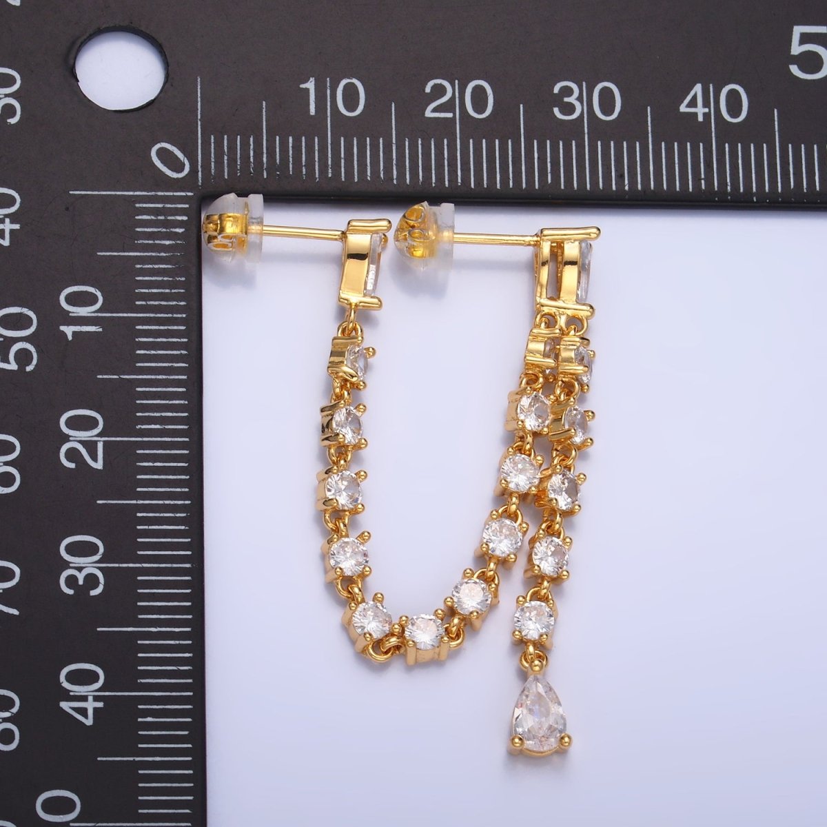 24K Gold Filled Clear CZ Chain Teardrop Drop Double Stud Earrings in Gold &amp; Silver | V336 V337