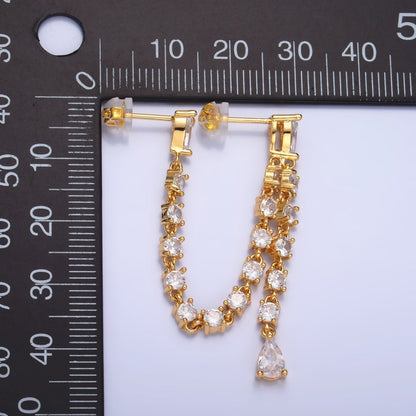 24K Gold Filled Clear CZ Chain Teardrop Drop Double Stud Earrings in Gold &amp; Silver | V336 V337