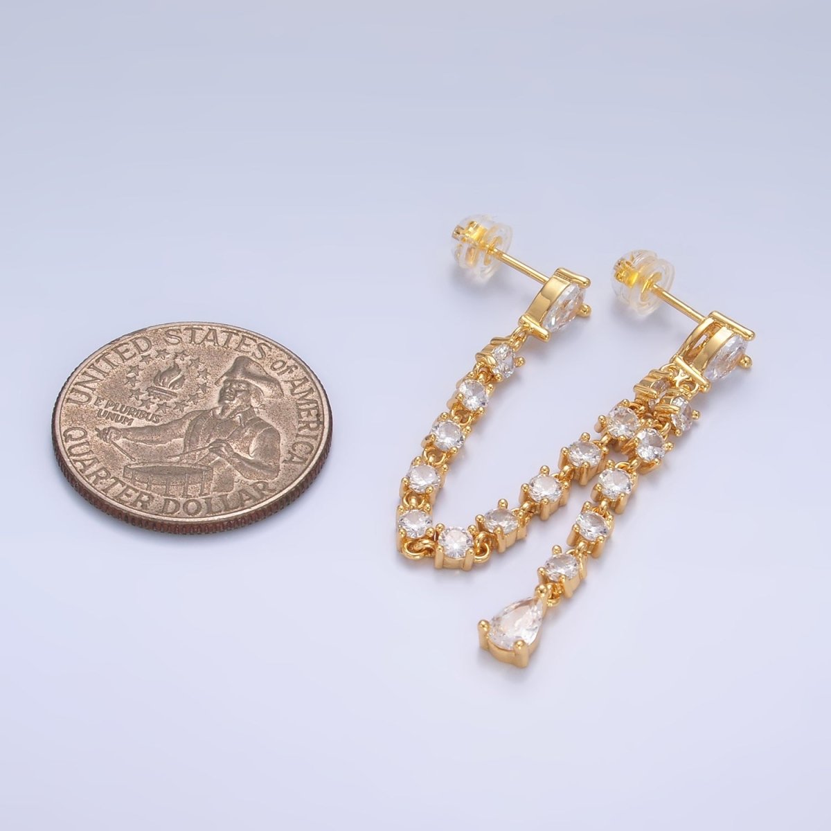 24K Gold Filled Clear CZ Chain Teardrop Drop Double Stud Earrings in Gold &amp; Silver | V336 V337