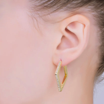 24K Gold Filled Clear CZ Diamond-Shaped Lever Back Hoops Earrings | AJ-059