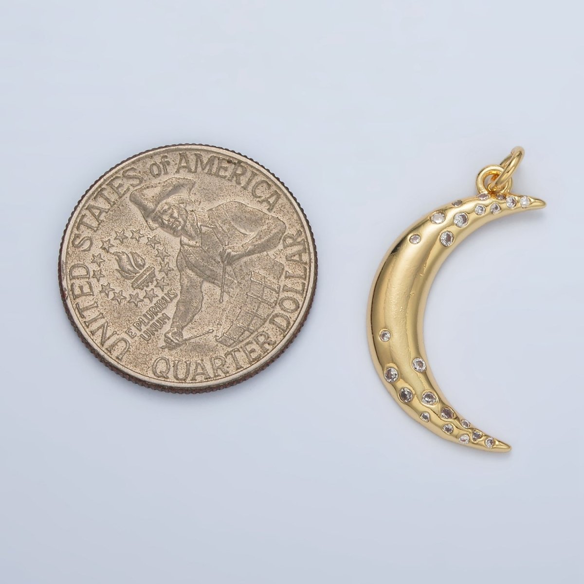 24K Gold Filled Clear CZ Dotted Celestial Crescent Moon Charm | E002