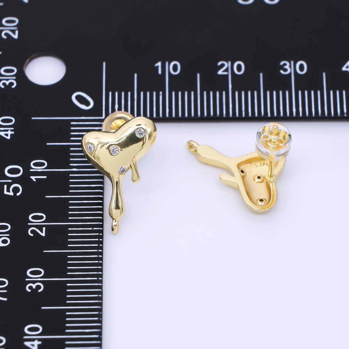24K Gold Filled Clear CZ Dotted Molten Heart Drop Stud Earring Findings | Z1272
