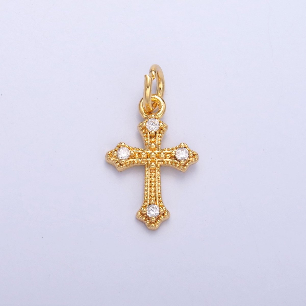 24K Gold Filled Clear CZ Dotted Passion Cross Charm in Gold &amp; Silver | N071