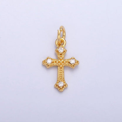 24K Gold Filled Clear CZ Dotted Passion Cross Charm in Gold &amp; Silver | N071