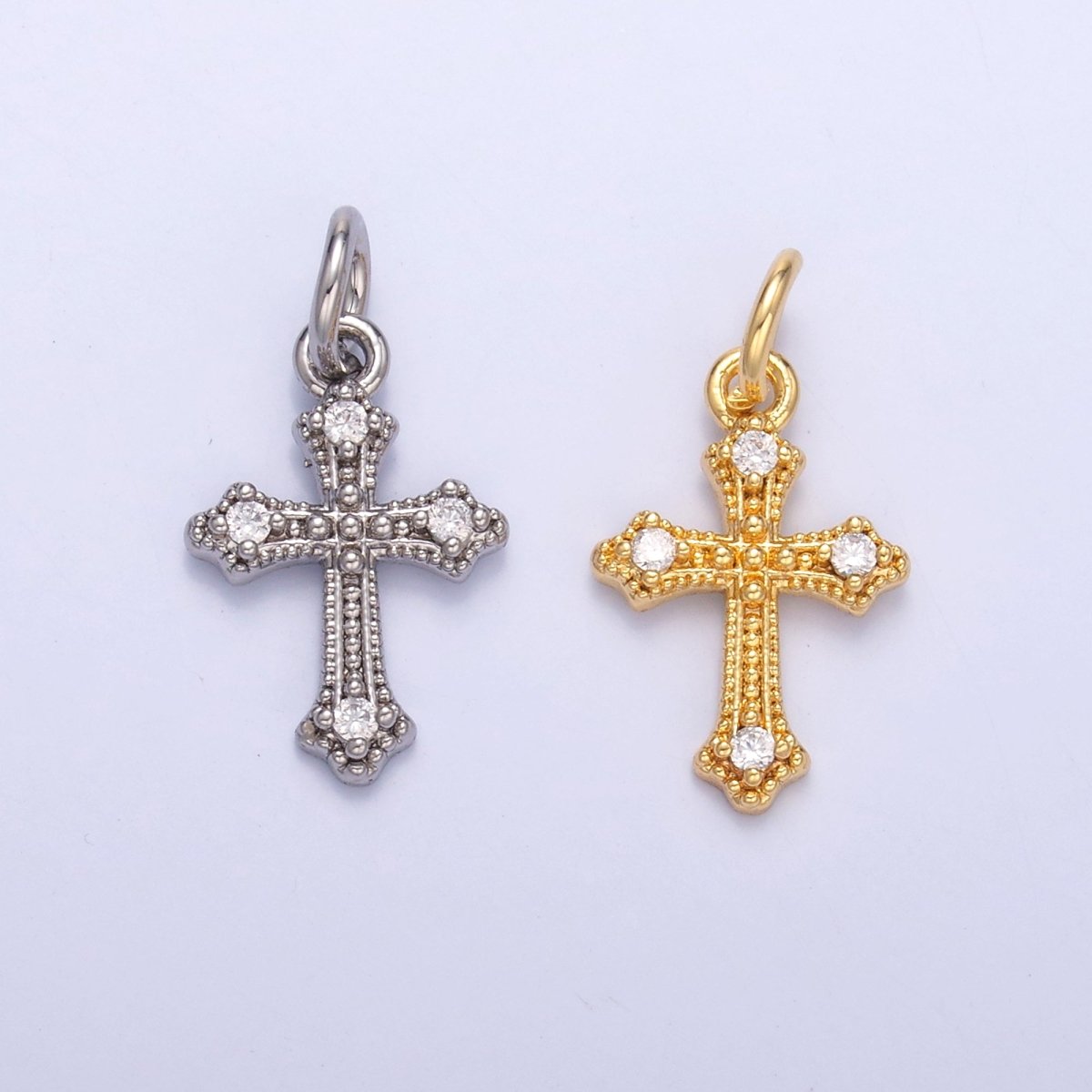 24K Gold Filled Clear CZ Dotted Passion Cross Charm in Gold &amp; Silver | N071