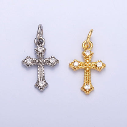 24K Gold Filled Clear CZ Dotted Passion Cross Charm in Gold &amp; Silver | N071