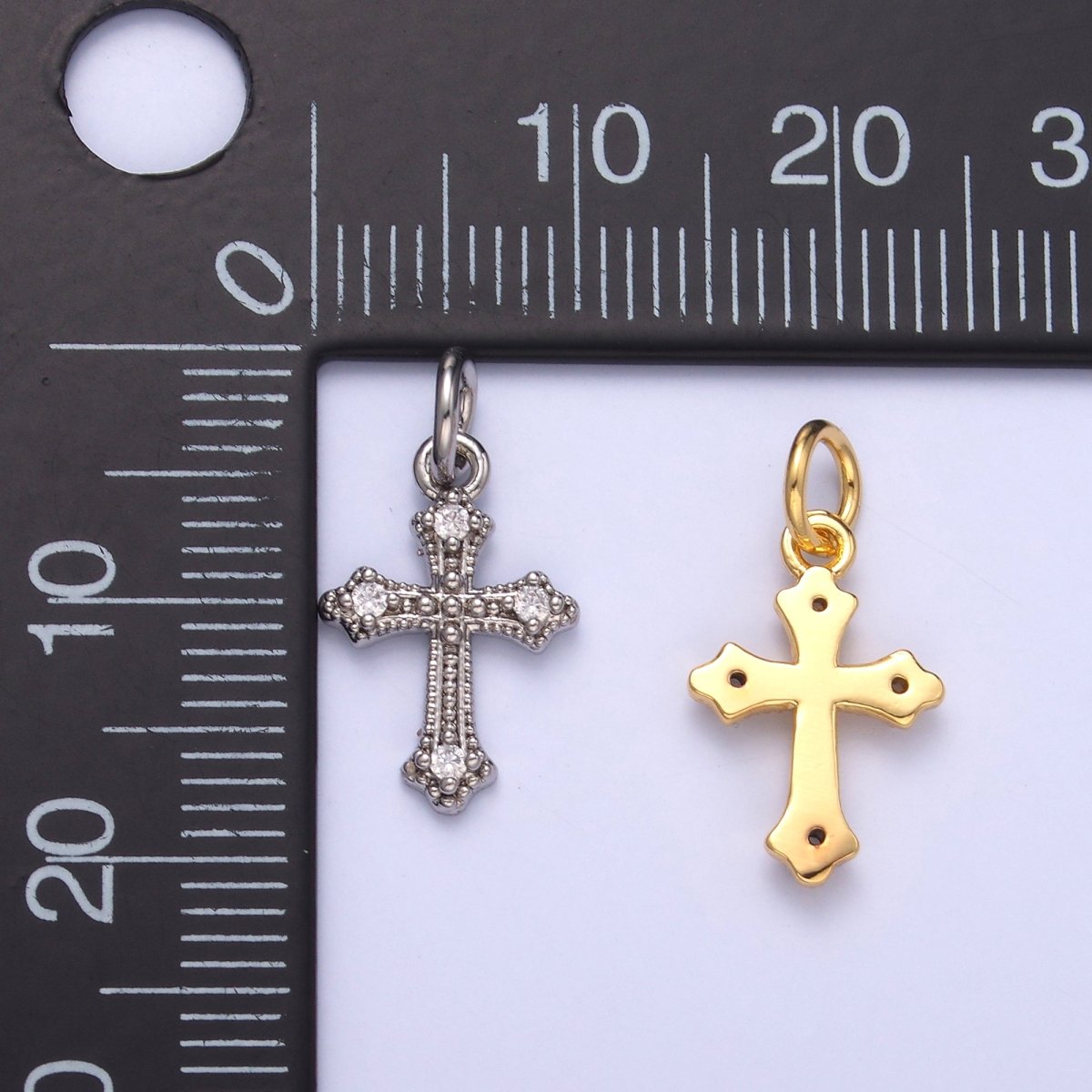 24K Gold Filled Clear CZ Dotted Passion Cross Charm in Gold &amp; Silver | N071